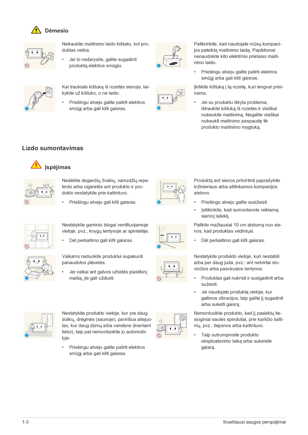 Samsung LS22FMDGF/EN manual Lizdo sumontavimas, Netraukite maitinimo laido kištuko, kol pro- duktas veikia 