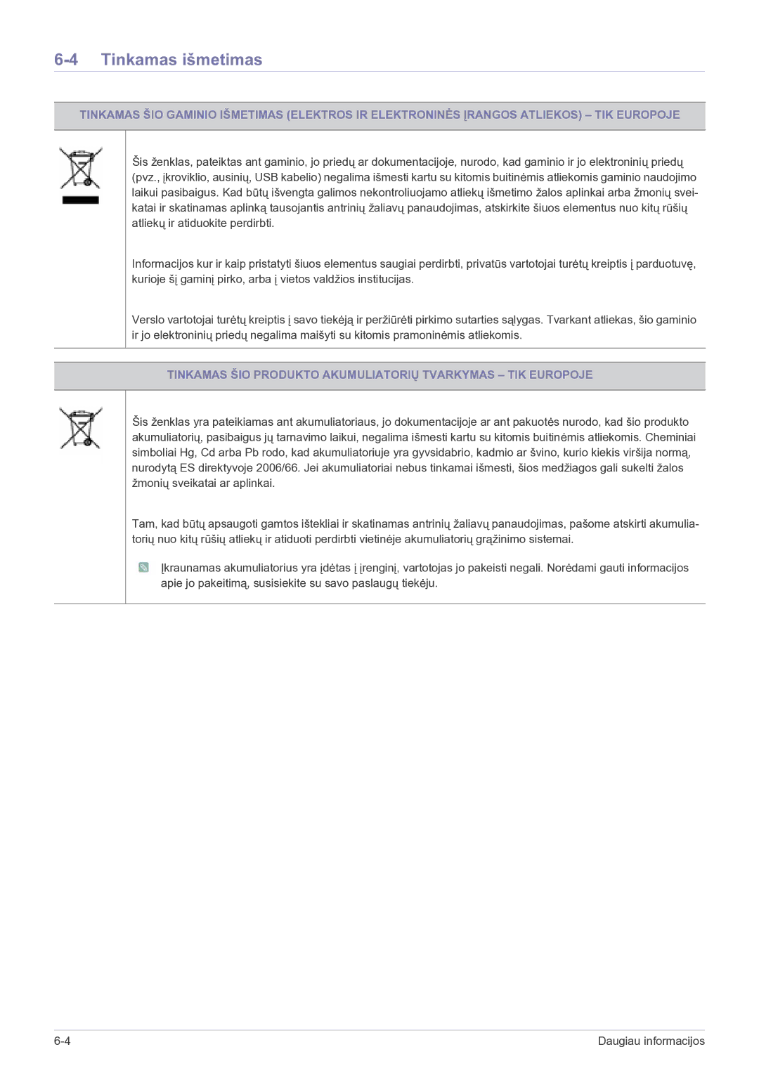 Samsung LS22FMDGF/EN manual Tinkamas išmetimas, Tinkamas ŠIO Produkto Akumuliatorių Tvarkymas TIK Europoje 