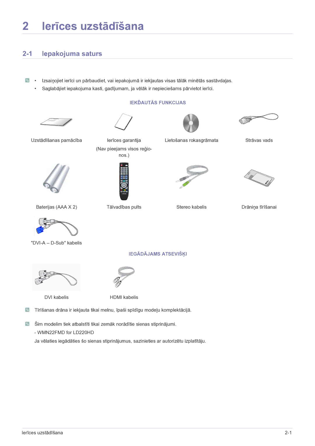 Samsung LS22FMDGF/EN manual Iepakojuma saturs, Iekďautās Funkcijas, Iegādājams Atsevišķi 