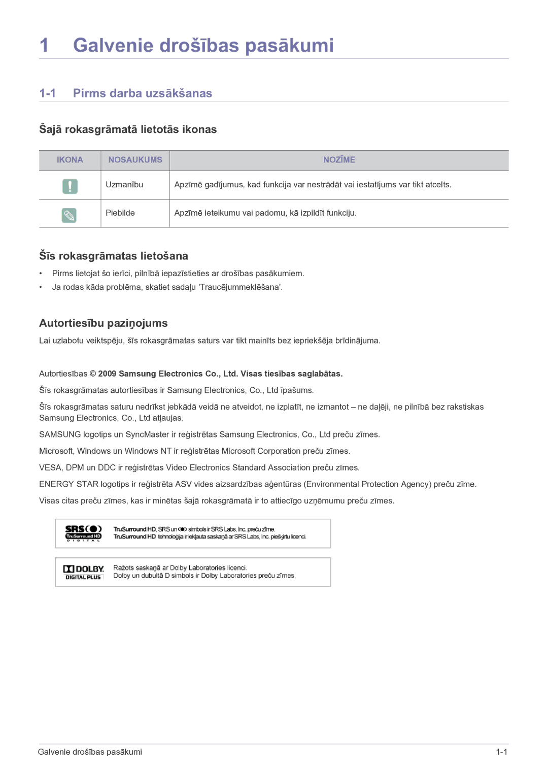 Samsung LS22FMDGF/EN manual Pirms darba uzsākšanas, Šajā rokasgrāmatā lietotās ikonas, Šīs rokasgrāmatas lietošana 