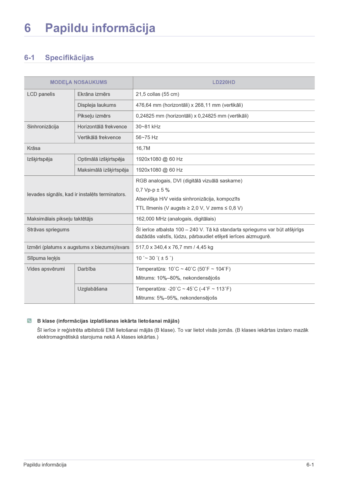 Samsung LS22FMDGF/EN Specifikācijas, Modeļa Nosaukums LD220HD, Klase informācijas izplatīšanas iekārta lietošanai mājās 