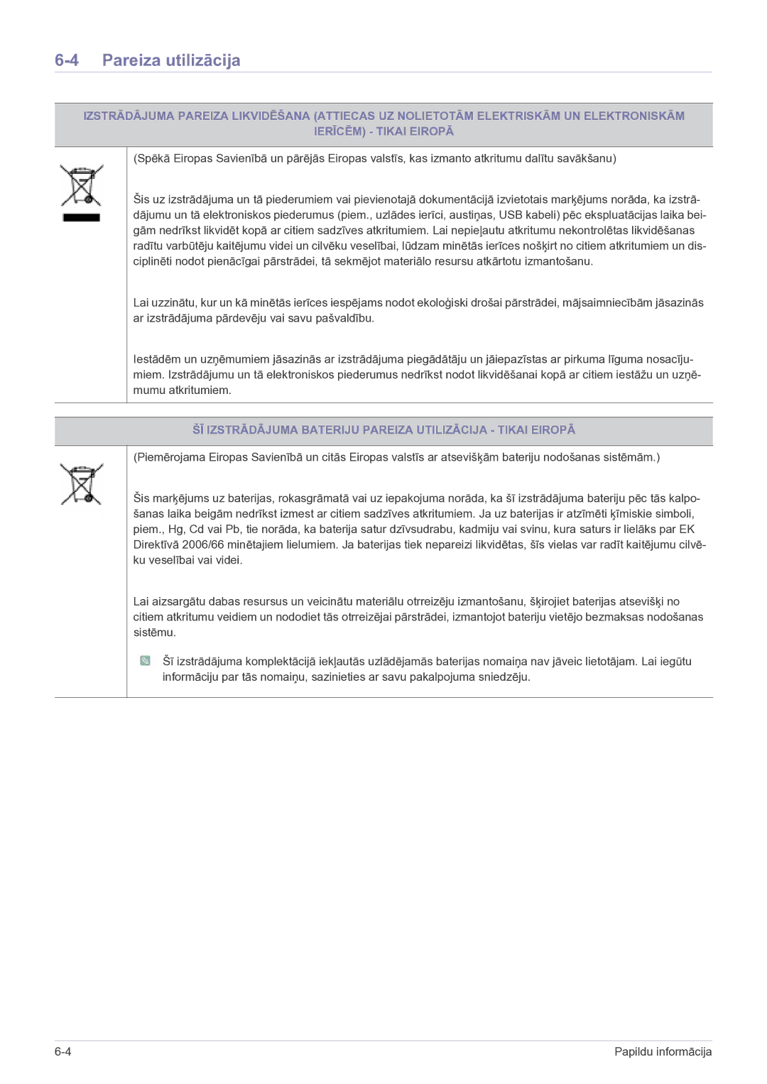 Samsung LS22FMDGF/EN manual Pareiza utilizācija, ŠĪ Izstrādājuma Bateriju Pareiza Utilizācija Tikai Eiropā 