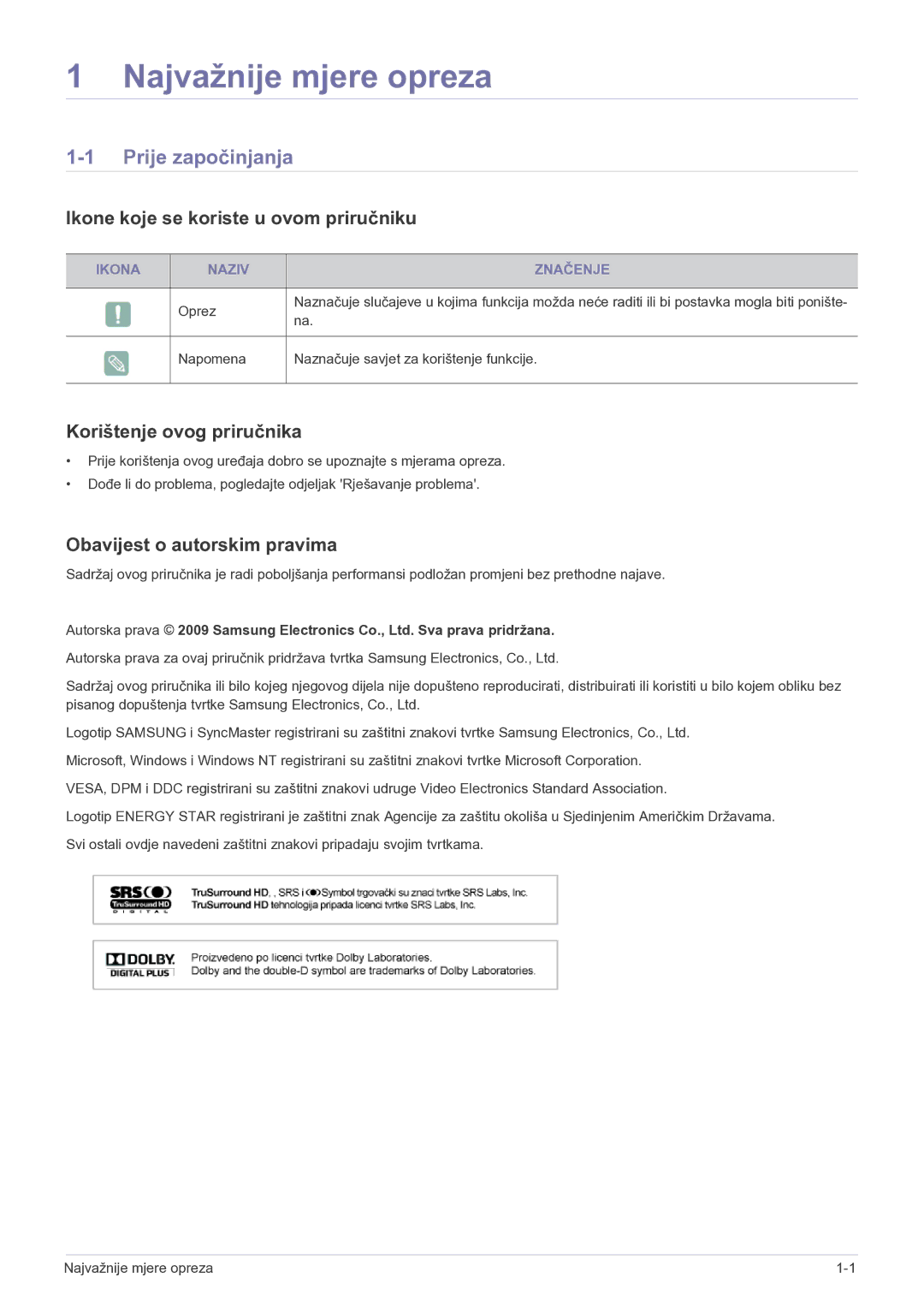 Samsung LS22FMDGF/EN manual Prije započinjanja, Ikone koje se koriste u ovom priručniku, Korištenje ovog priručnika 