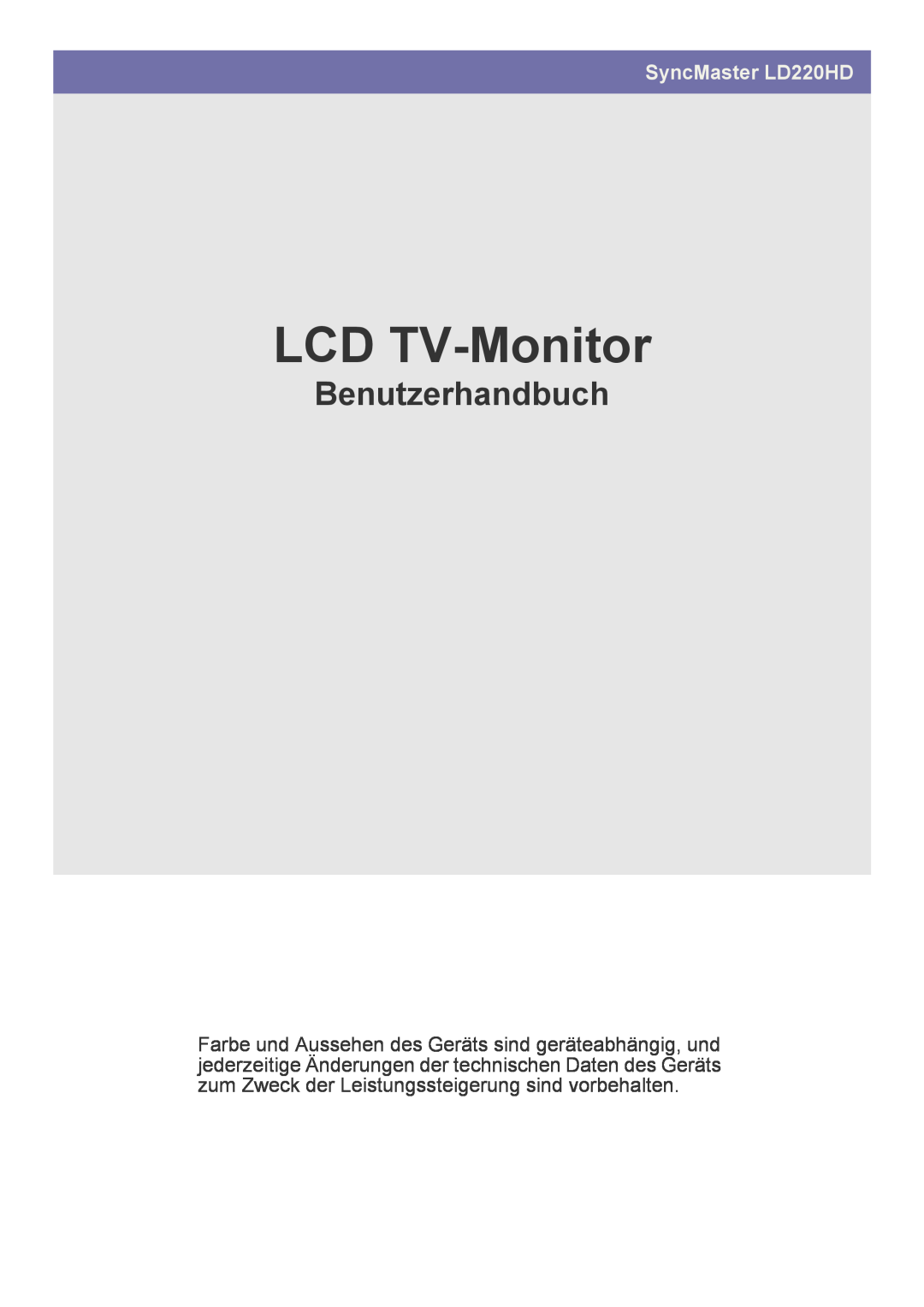 Samsung LS22FMDGF/EN manual LCD TV-Monitor, Benutzerhandbuch, SyncMaster LD220HD 
