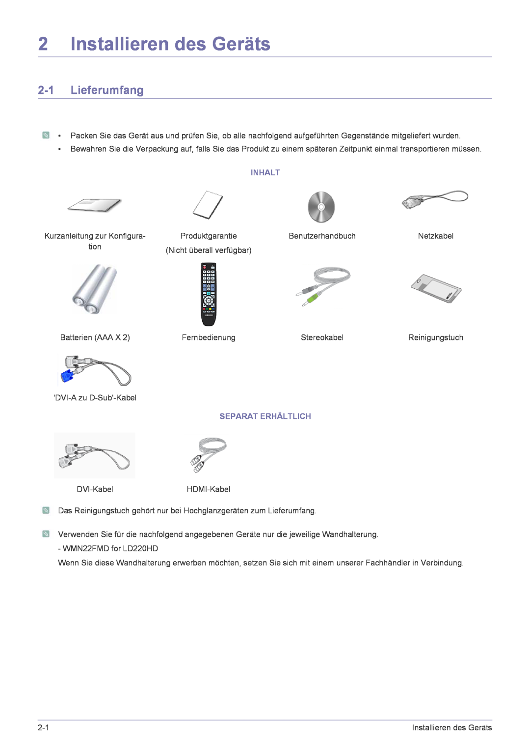 Samsung LS22FMDGF/EN manual Installieren des Geräts, Lieferumfang, Inhalt, Separat Erhältlich 