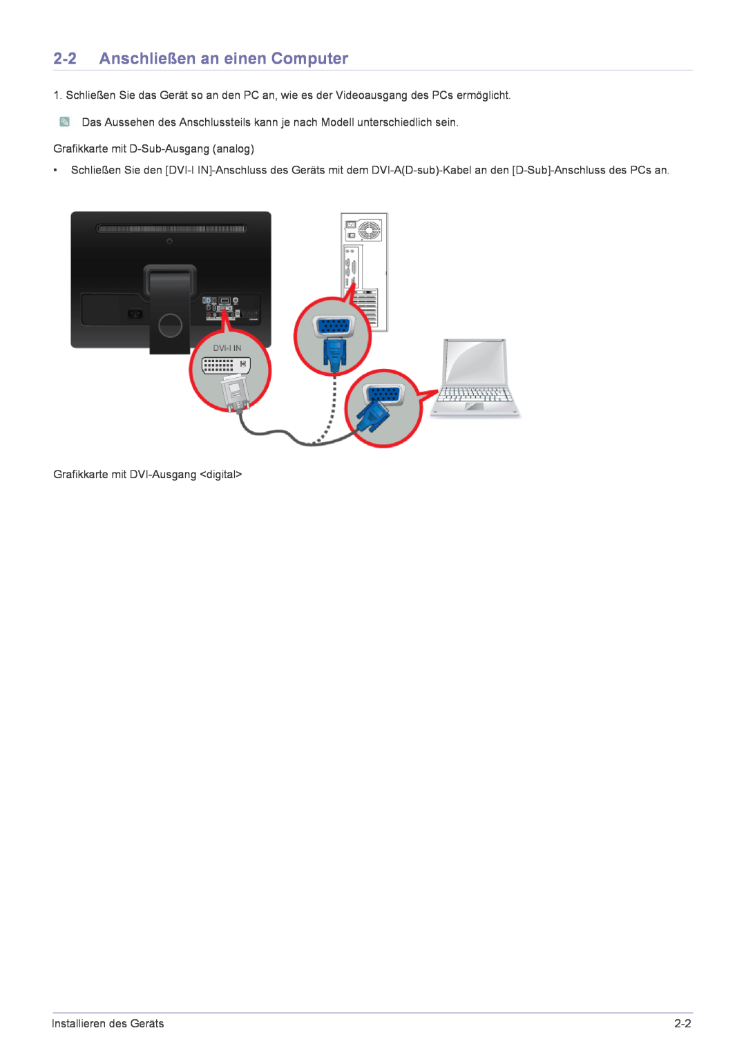 Samsung LS22FMDGF/EN manual Anschließen an einen Computer, Grafikkarte mit D-Sub-Ausgang analog, Installieren des Geräts 