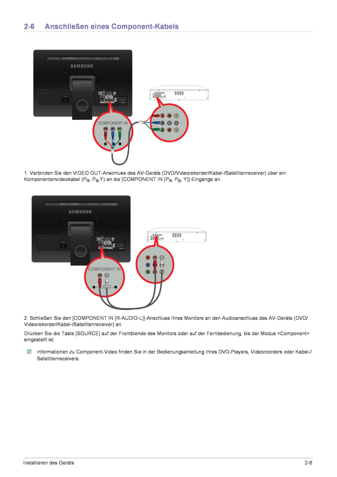 Samsung LS22FMDGF/EN manual Anschließen eines Component-Kabels 