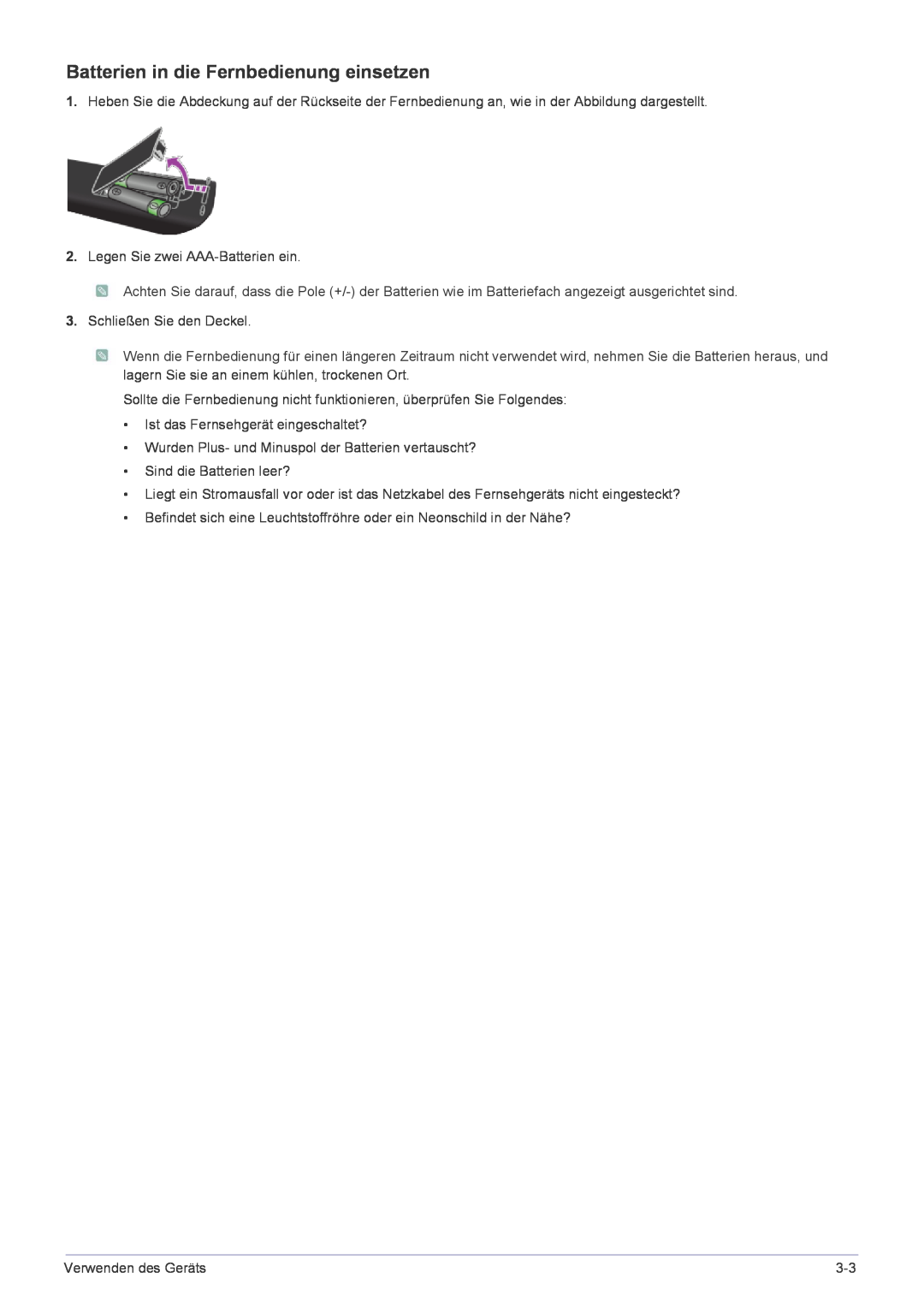 Samsung LS22FMDGF/EN manual Batterien in die Fernbedienung einsetzen 