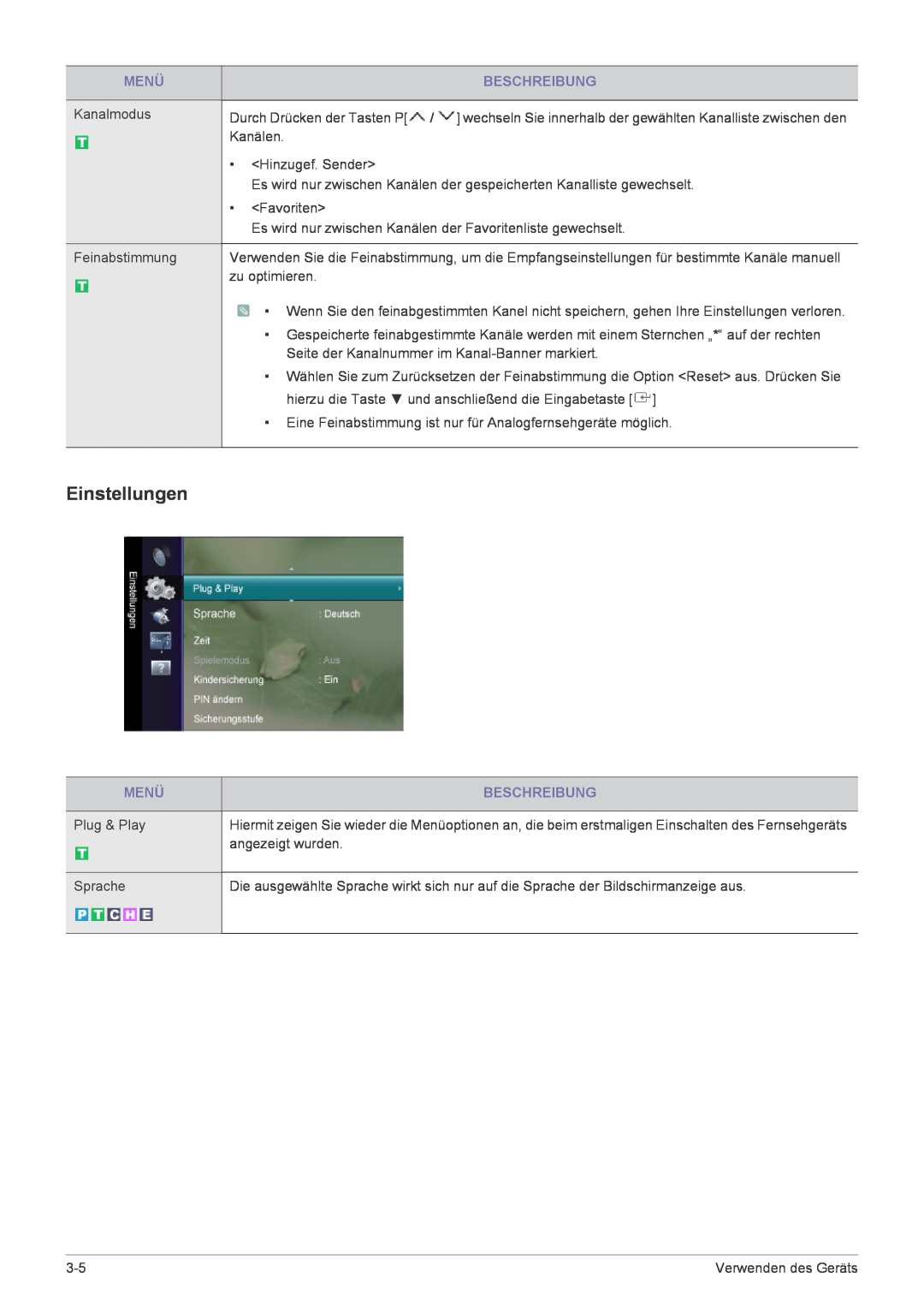 Samsung LS22FMDGF/EN manual Einstellungen, Menü, Beschreibung 