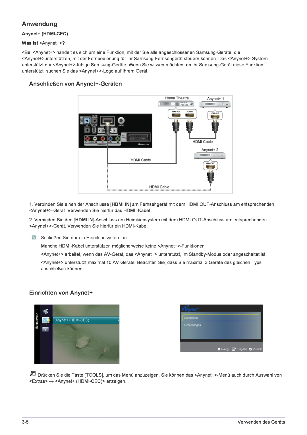 Samsung LS22FMDGF/EN manual Anwendung, Anschließen von Anynet+-Geräten, Einrichten von Anynet+ 