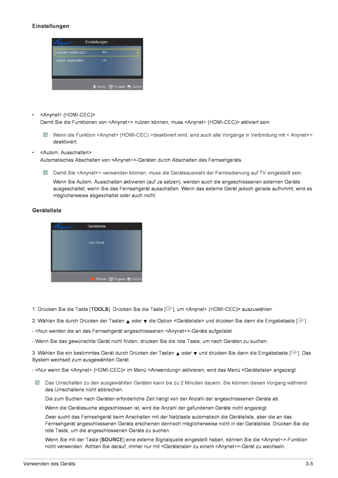 Samsung LS22FMDGF/EN manual Einstellungen, Geräteliste 