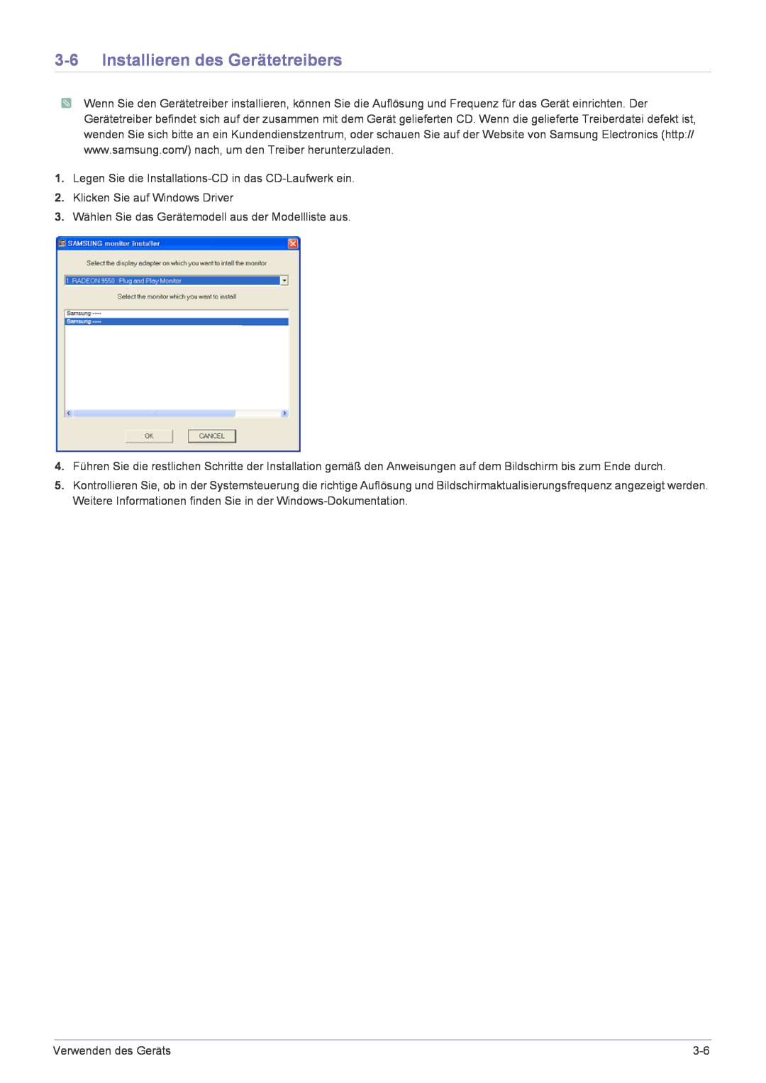 Samsung LS22FMDGF/EN manual Installieren des Gerätetreibers 