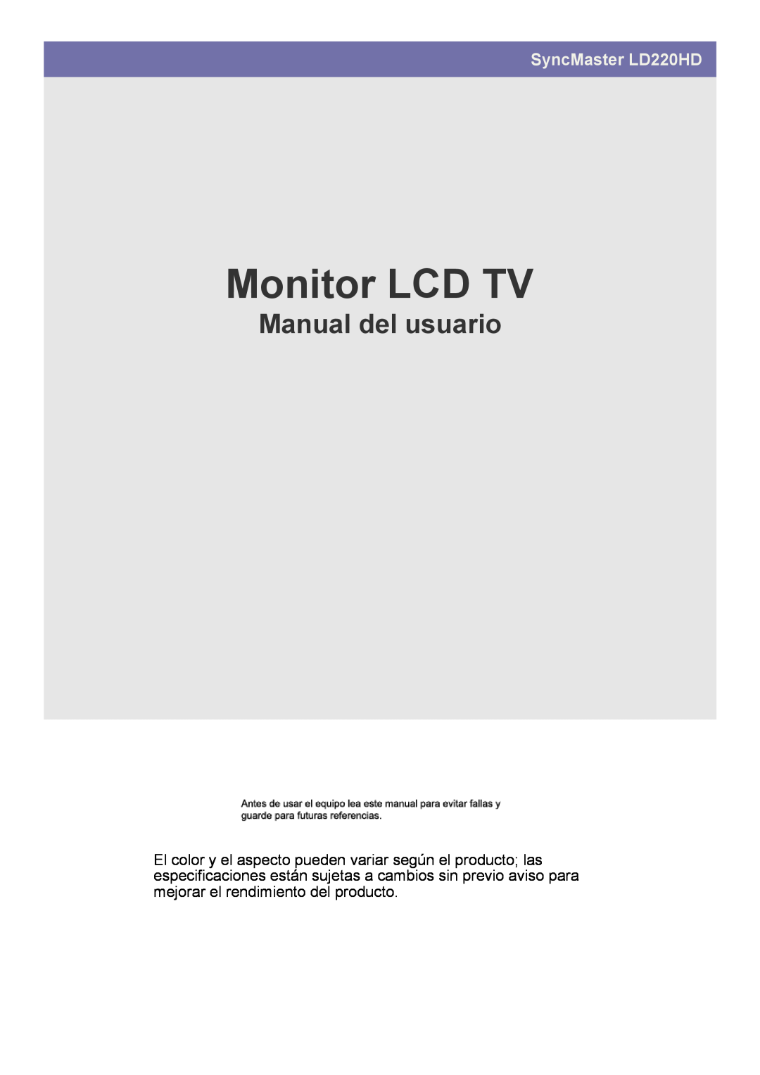 Samsung LS22FMDGF/EN manual LCD TV-Monitor, Benutzerhandbuch, SyncMaster LD220HD 