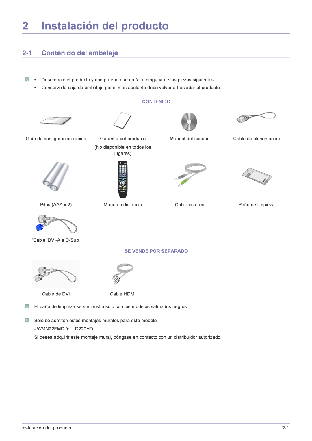 Samsung LS22FMDGF/EN manual Instalación del producto, Contenido del embalaje, Se Vende Por Separado 