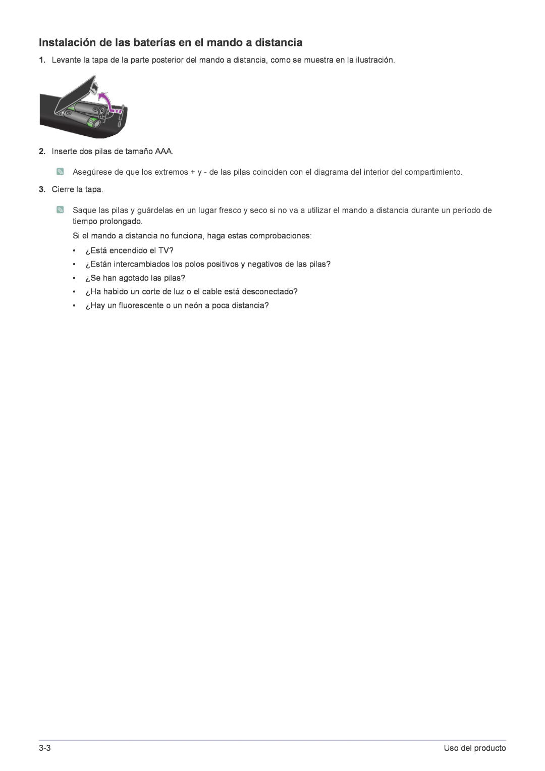 Samsung LS22FMDGF/EN manual Instalación de las baterías en el mando a distancia 