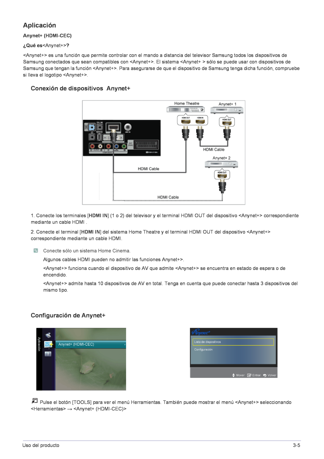 Samsung LS22FMDGF/EN manual Aplicación, Conexión de dispositivos Anynet+, Configuración de Anynet+, Anynet+ HDMI-CEC 