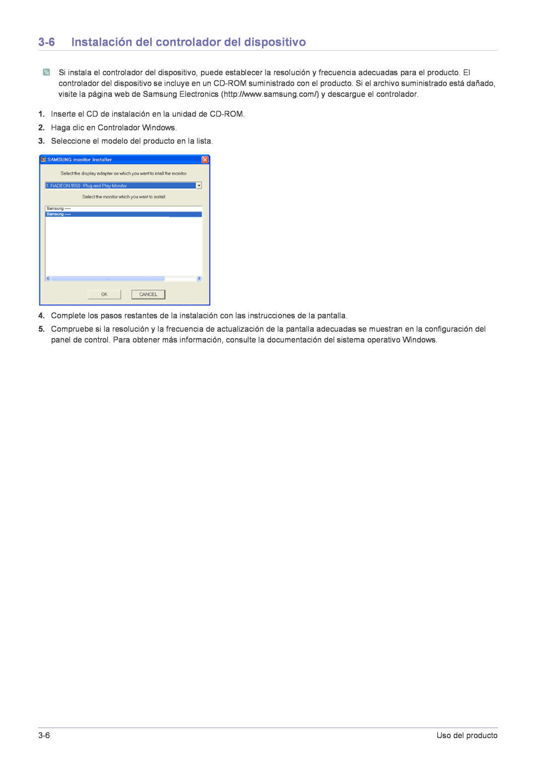 Samsung LS22FMDGF/EN manual Instalación del controlador del dispositivo 