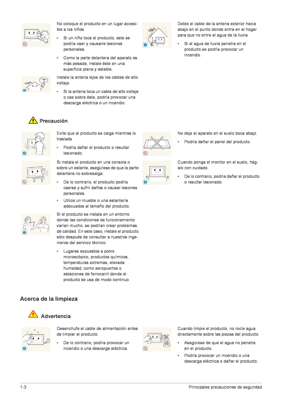 Samsung LS22FMDGF/EN manual Acerca de la limpieza, Precaución, Advertencia 