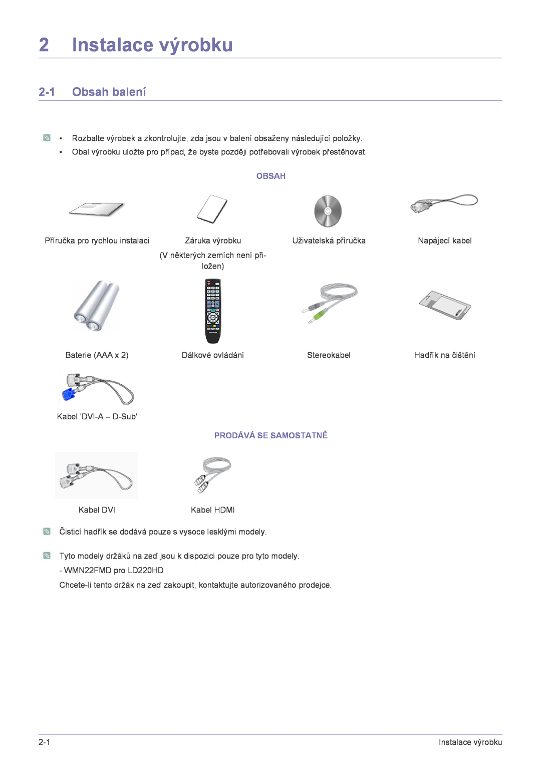 Samsung LS22FMDGF/EN manual Instalace výrobku, Obsah balení, Prodává Se Samostatně 