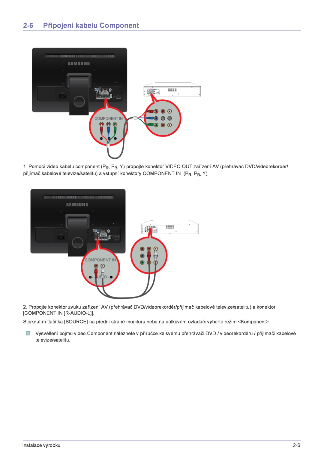 Samsung LS22FMDGF/EN manual 2-6 Připojení kabelu Component 
