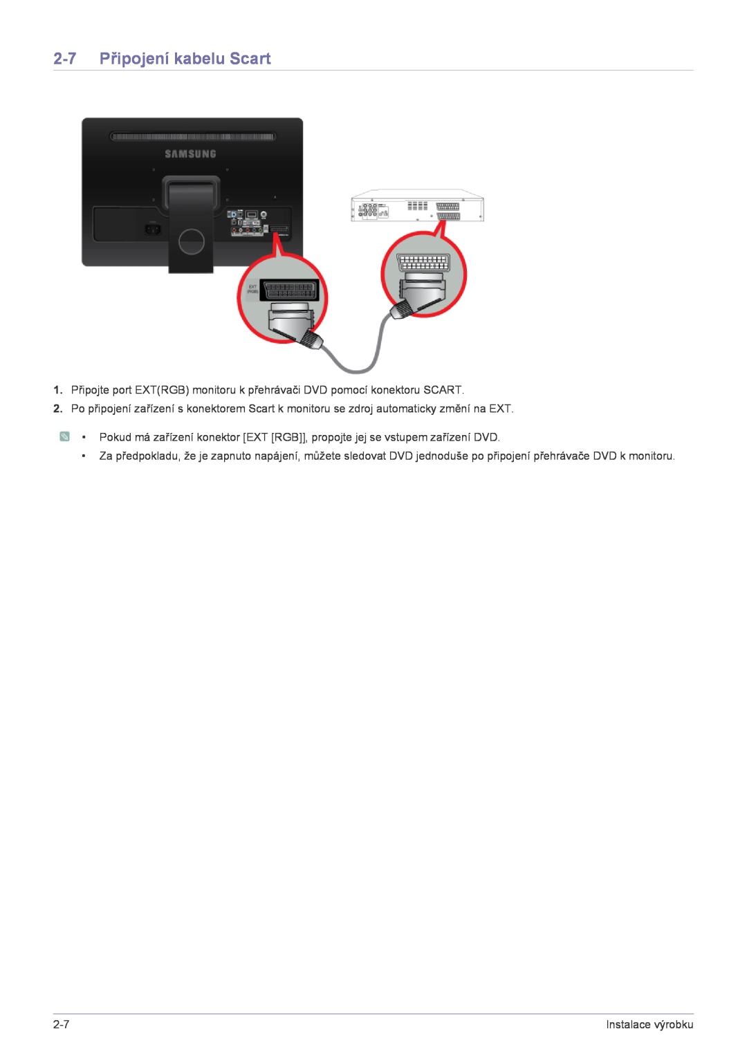 Samsung LS22FMDGF/EN manual 2-7 Připojení kabelu Scart 