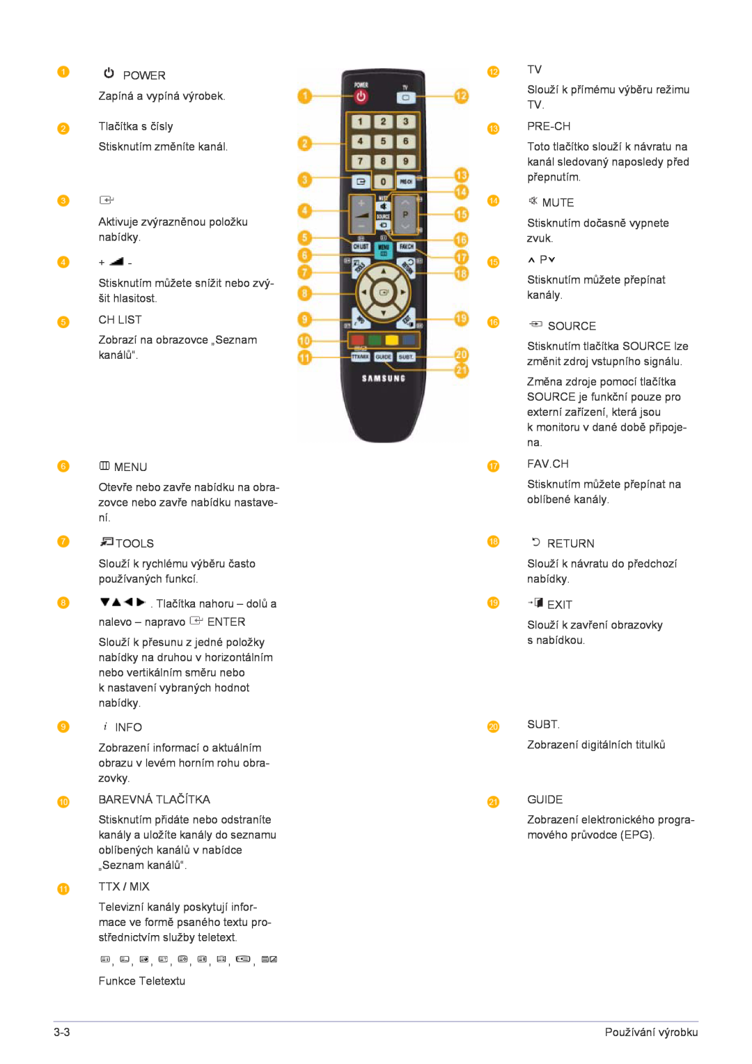 Samsung LS22FMDGF/EN manual POWER Zapíná a vypíná výrobek Tlačítka s čísly 