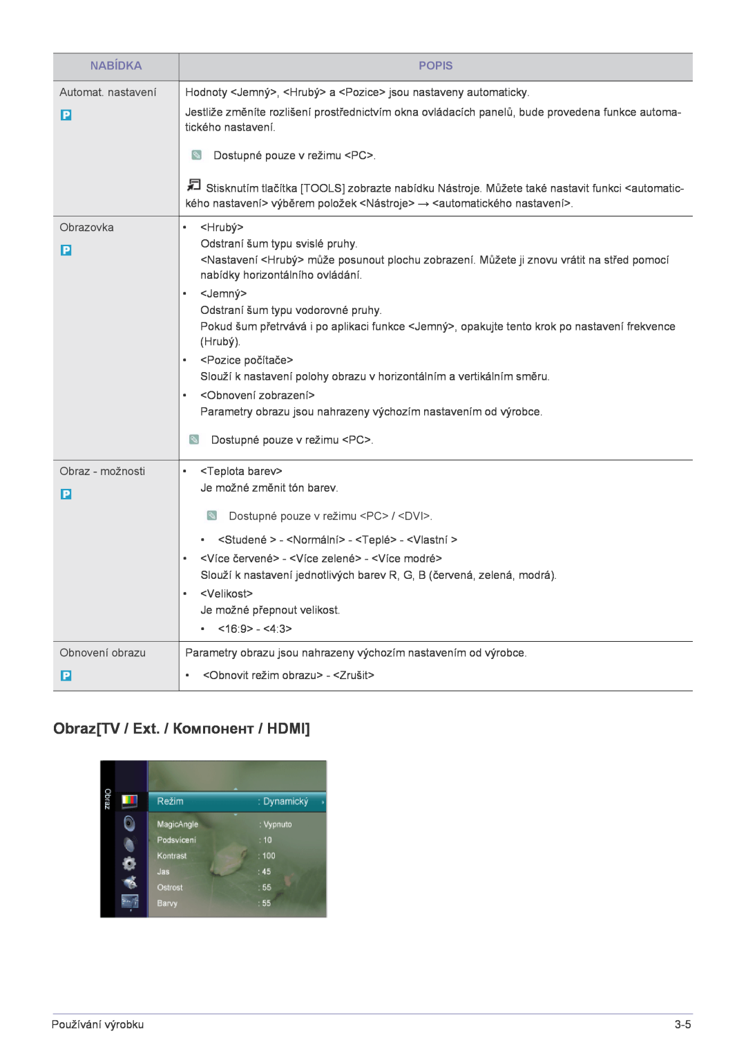 Samsung LS22FMDGF/EN manual ObrazTV / Ext. / Компонент / HDMI, Nabídka, Popis 