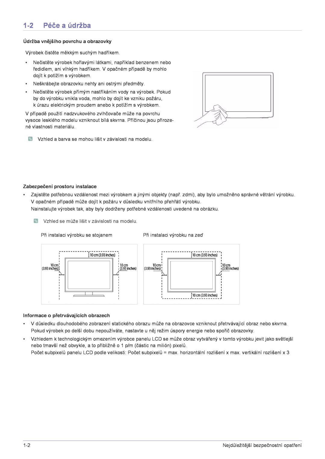 Samsung LS22FMDGF/EN manual 1-2 Péče a údržba, Údržba vnějšího povrchu a obrazovky, Zabezpečení prostoru instalace 