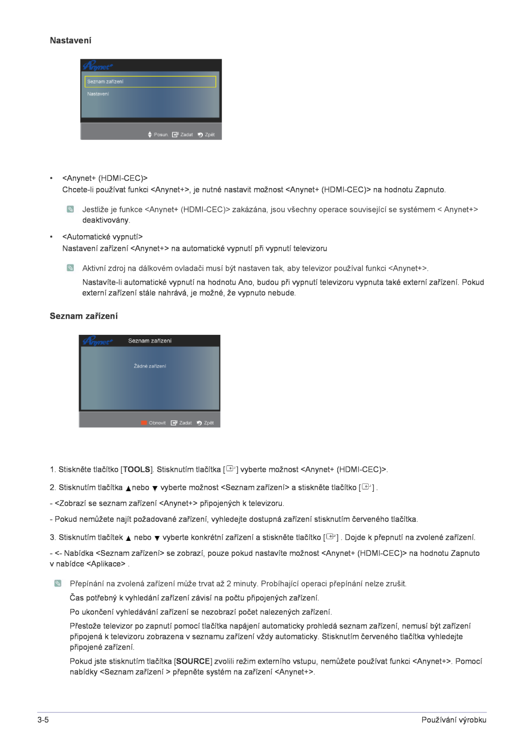 Samsung LS22FMDGF/EN manual Nastavení, Seznam zařízení 