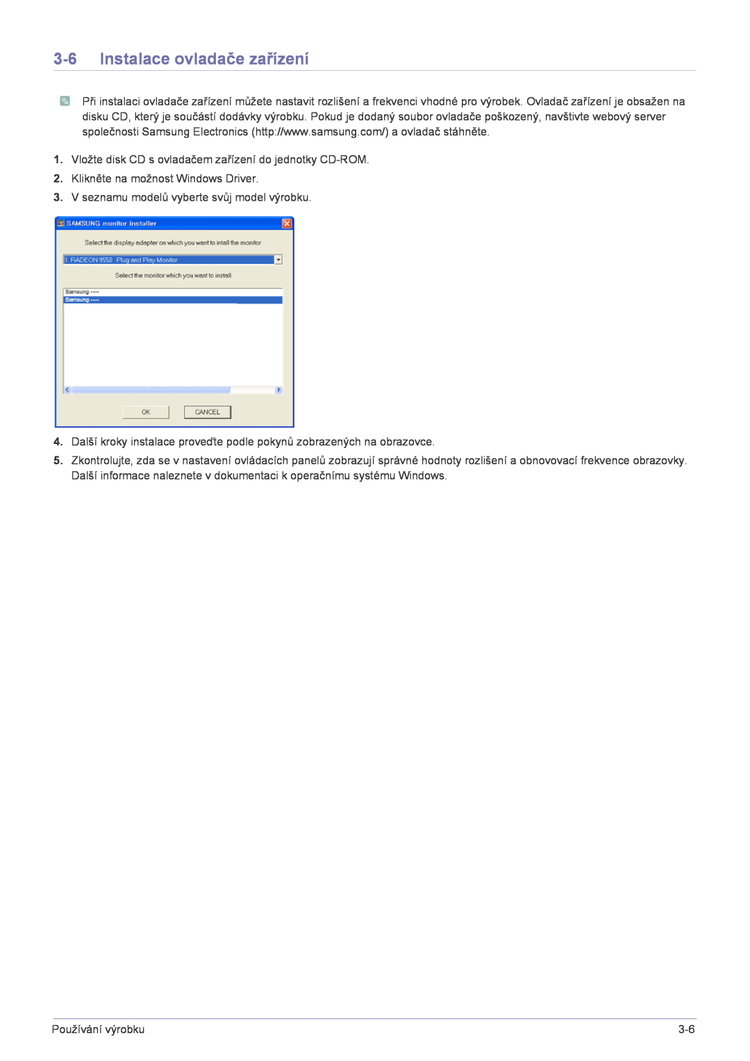 Samsung LS22FMDGF/EN manual Instalace ovladače zařízení 
