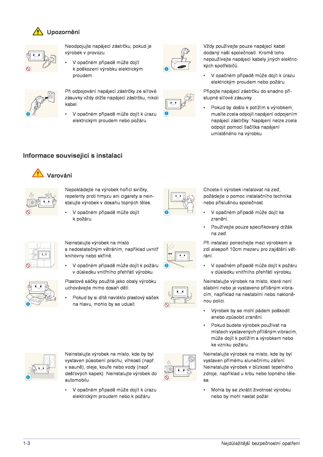 Samsung LS22FMDGF/EN manual Informace související s instalací, Upozornění, Varování 