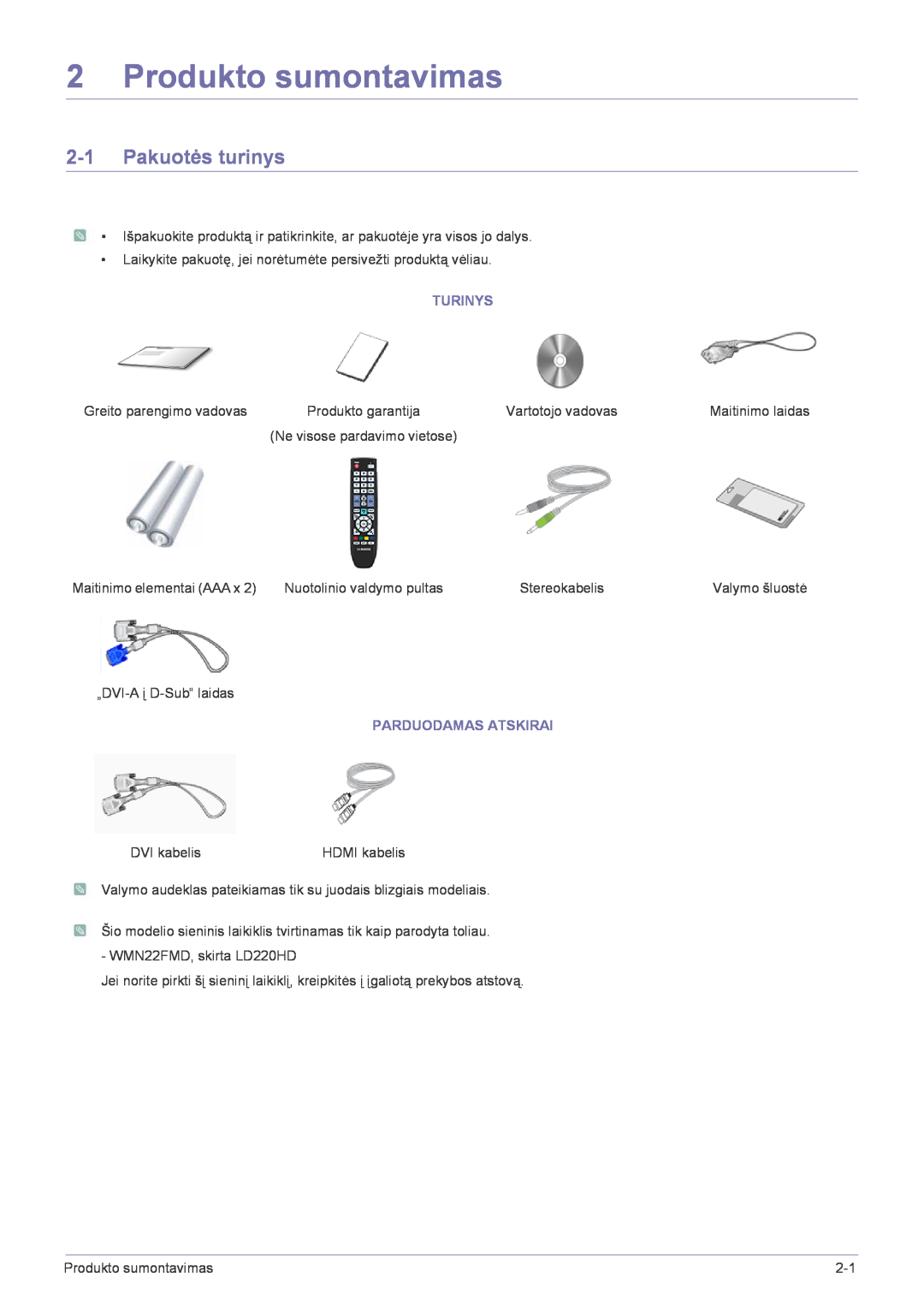 Samsung LS22FMDGF/EN manual Produkto sumontavimas, Pakuotės turinys, Turinys, Parduodamas Atskirai 