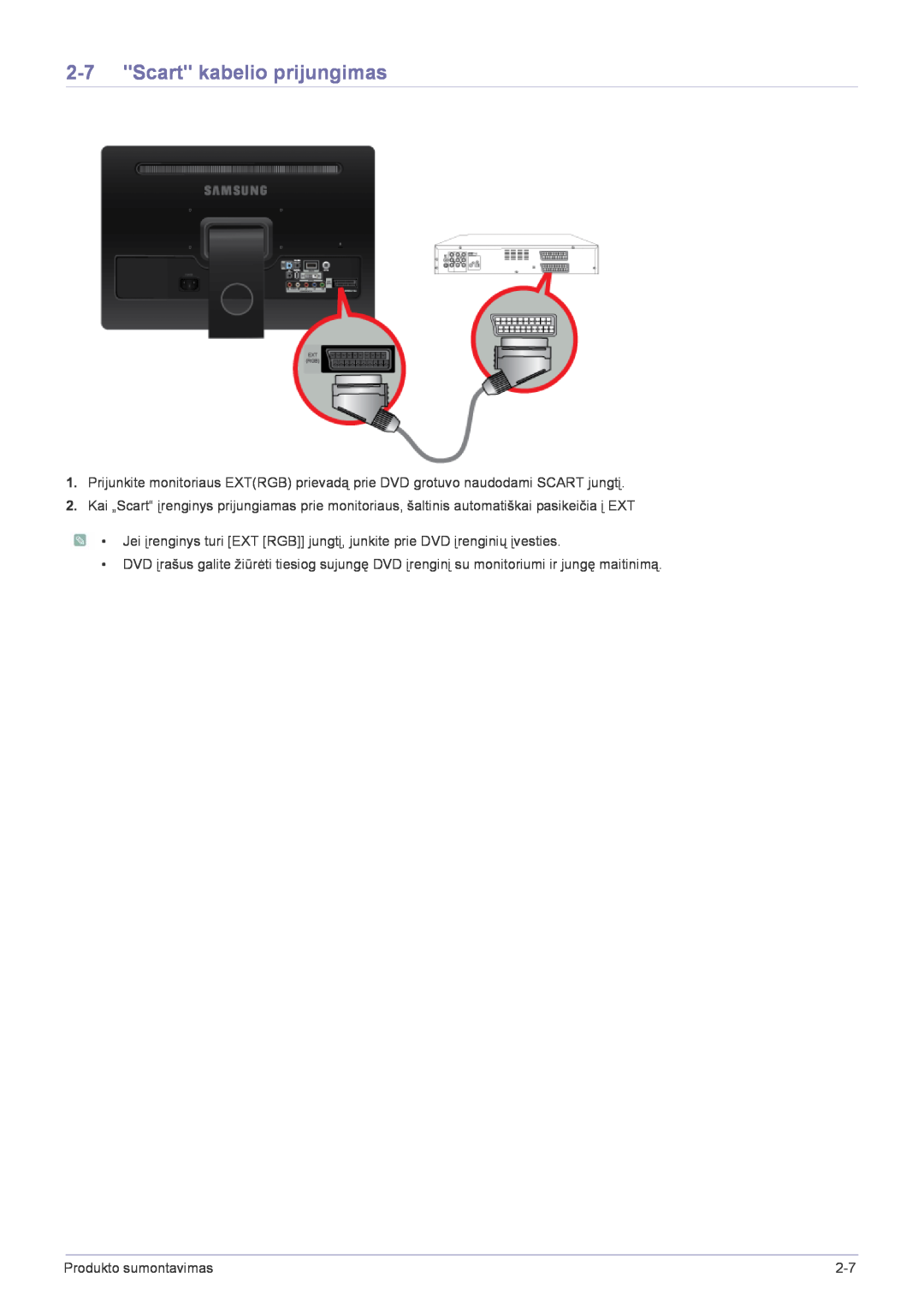 Samsung LS22FMDGF/EN manual Scart kabelio prijungimas, Produkto sumontavimas 
