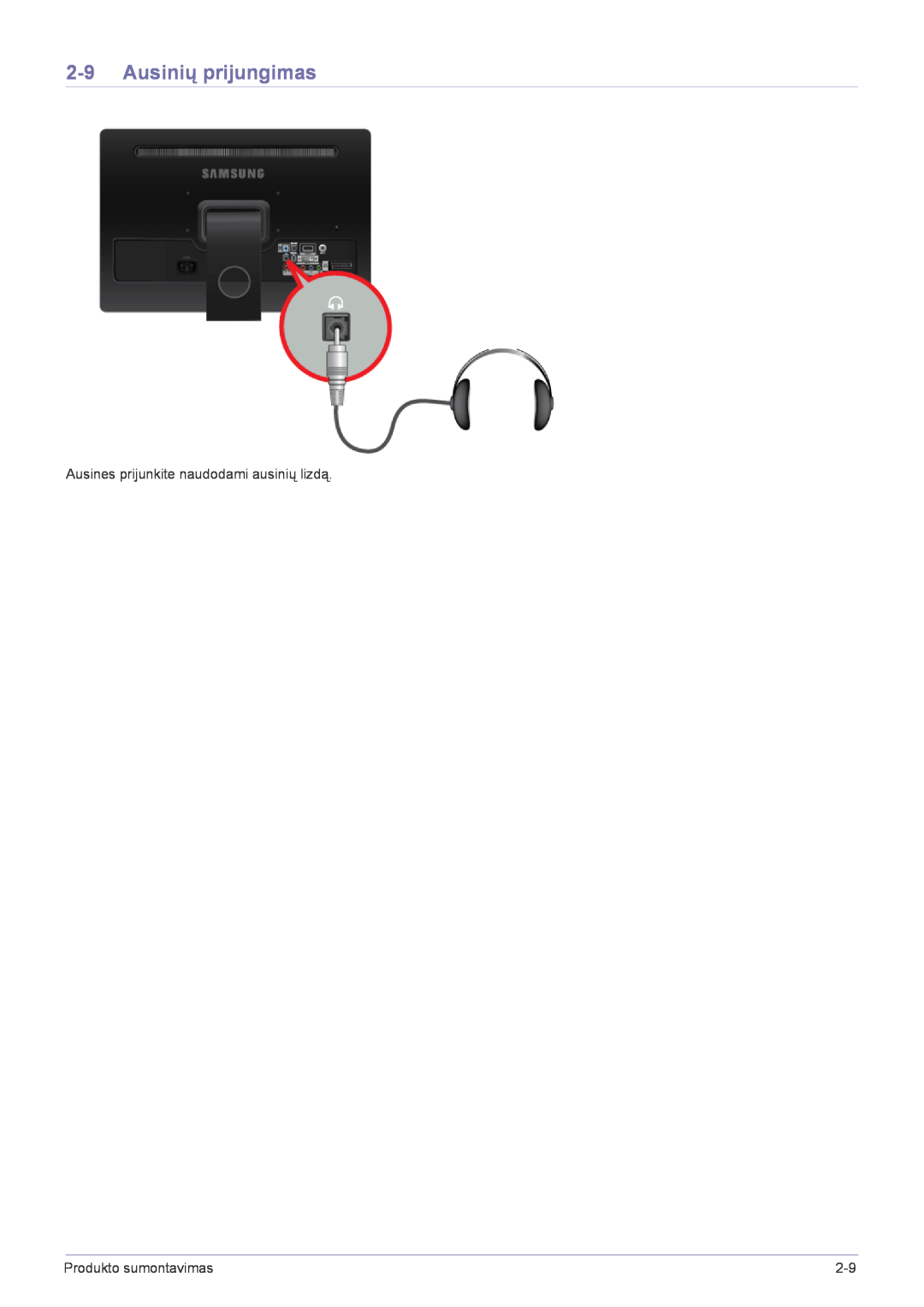 Samsung LS22FMDGF/EN manual Ausinių prijungimas, Ausines prijunkite naudodami ausinių lizdą, Produkto sumontavimas 