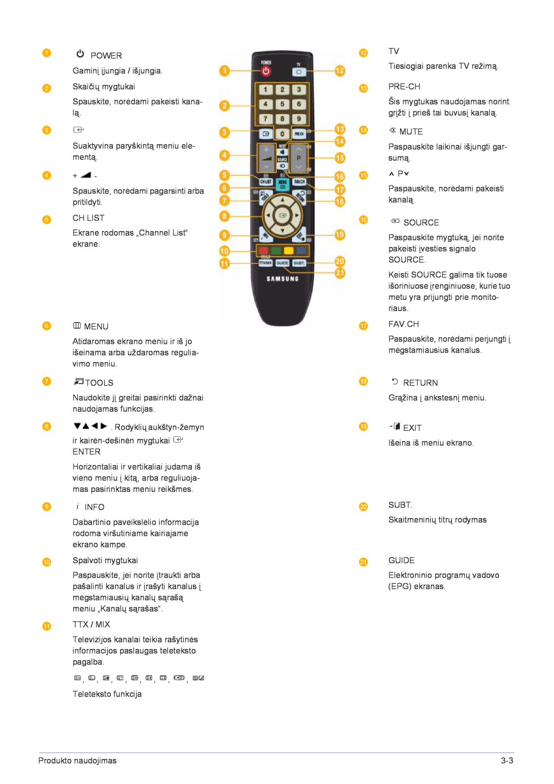 Samsung LS22FMDGF/EN manual Šis mygtukas naudojamas norint grįžti į prieš tai buvusį kanalą 