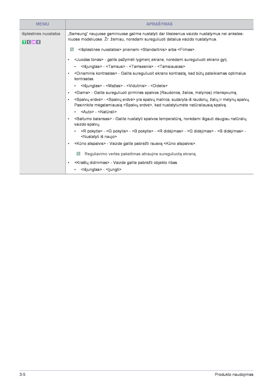 Samsung LS22FMDGF/EN manual Meniu, Aprašymas, Išplėstinės nuostatos 