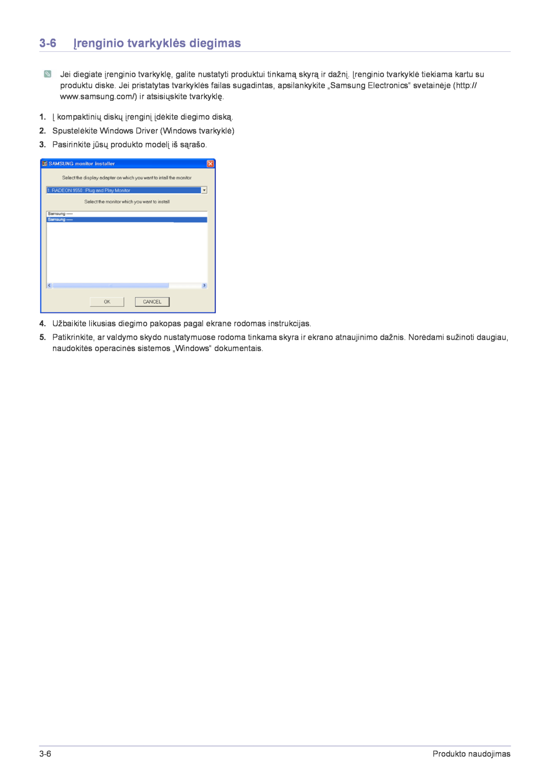 Samsung LS22FMDGF/EN manual 3-6 Įrenginio tvarkyklės diegimas 