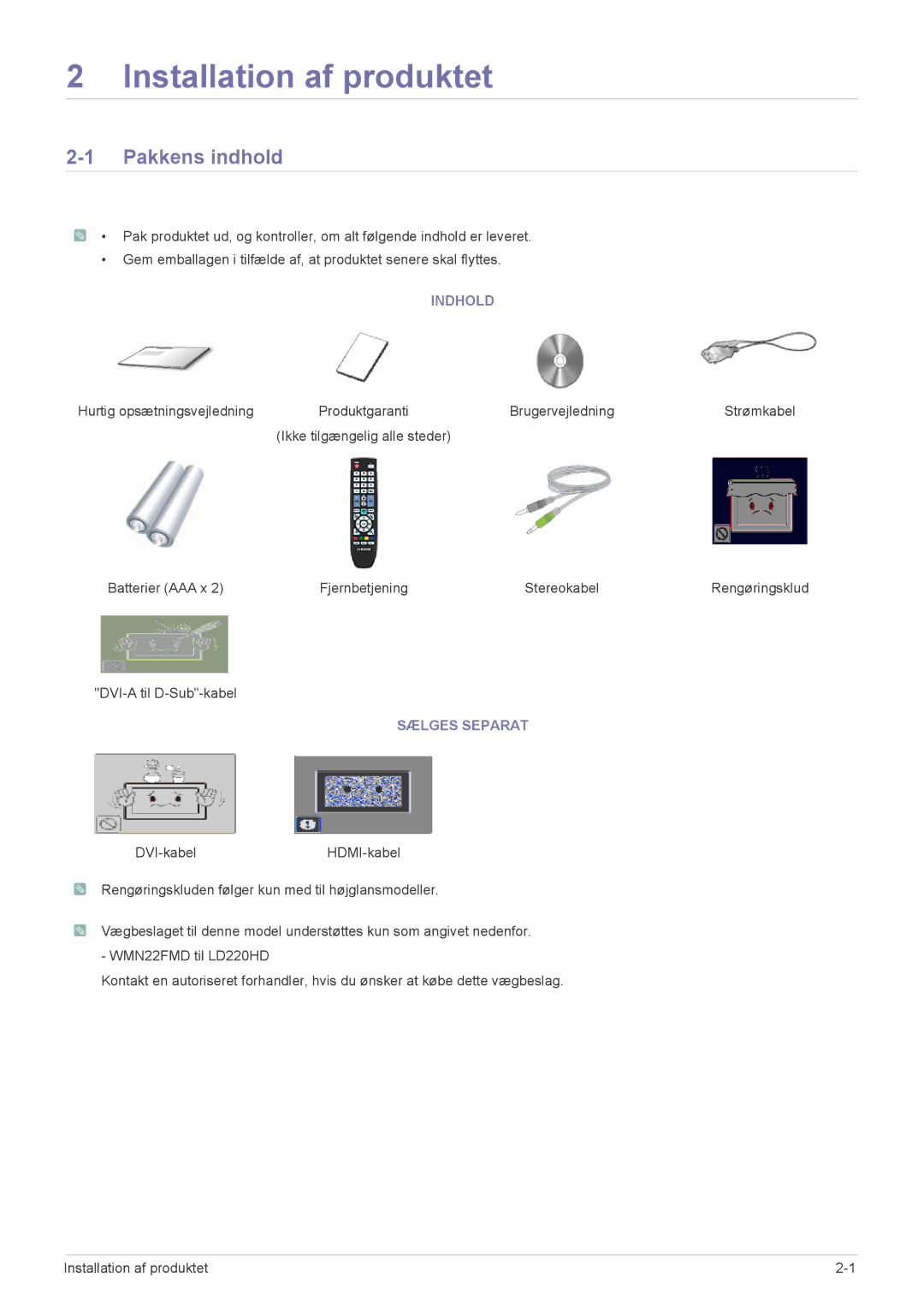 Samsung LS22FMDGF/XE manual Pakkens indhold, Indhold, Sælges Separat 