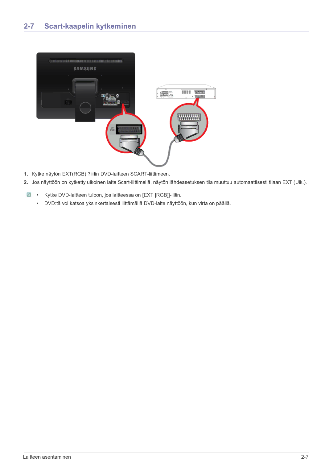 Samsung LS22FMDGF/XE manual Scart-kaapelin kytkeminen 