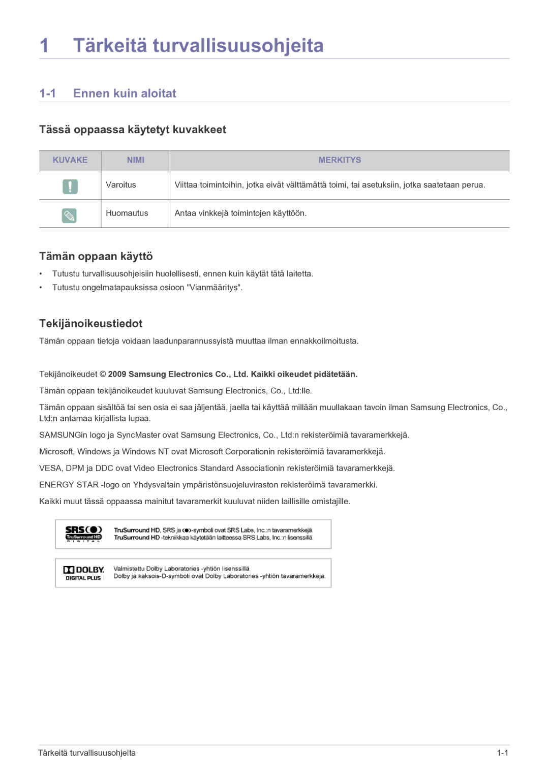 Samsung LS22FMDGF/XE manual Ennen kuin aloitat, Tässä oppaassa käytetyt kuvakkeet, Tämän oppaan käyttö, Tekijänoikeustiedot 