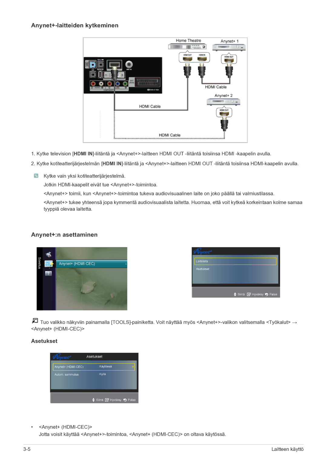 Samsung LS22FMDGF/XE manual Anynet+-laitteiden kytkeminen 