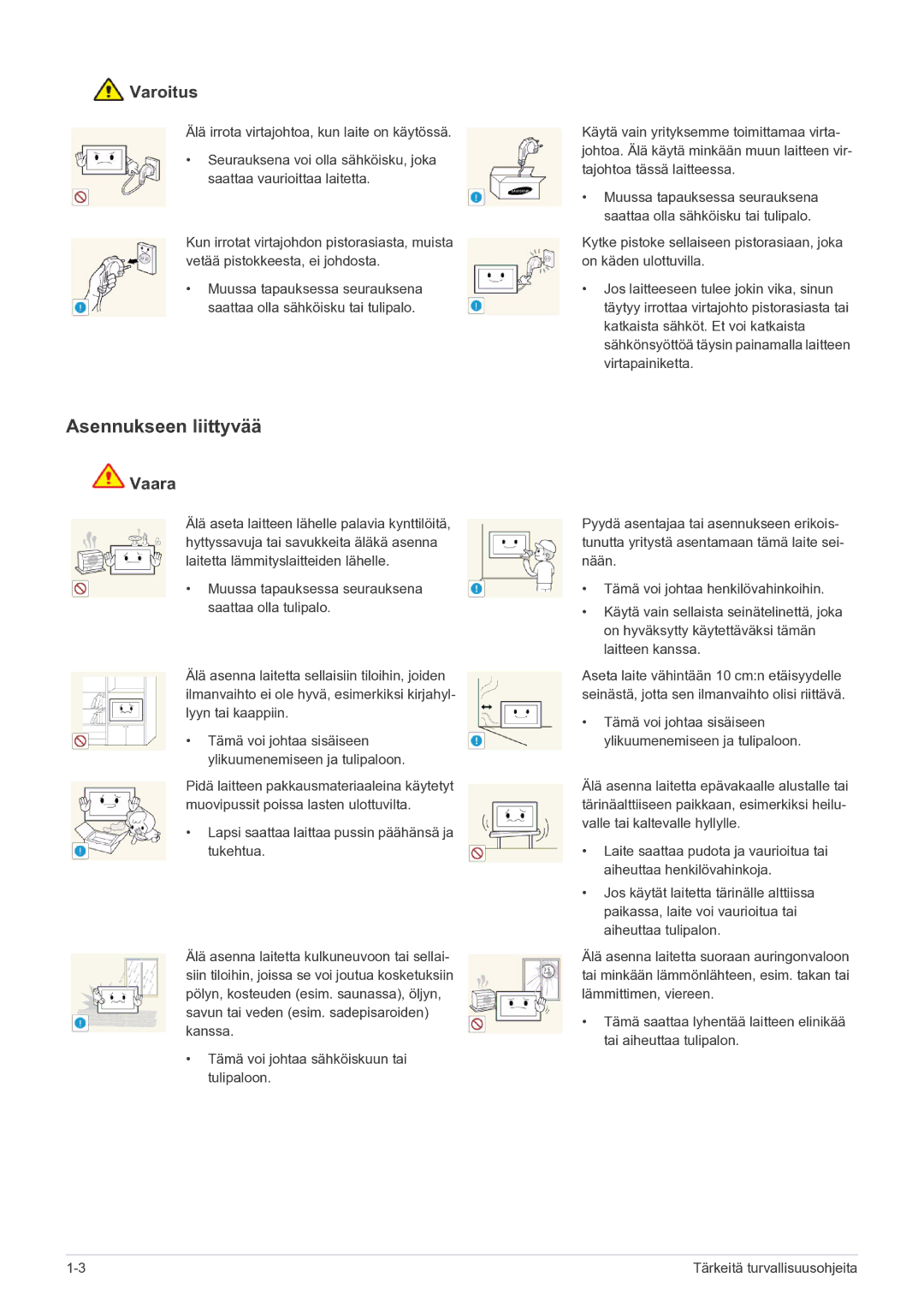 Samsung LS22FMDGF/XE manual Asennukseen liittyvää, Varoitus 