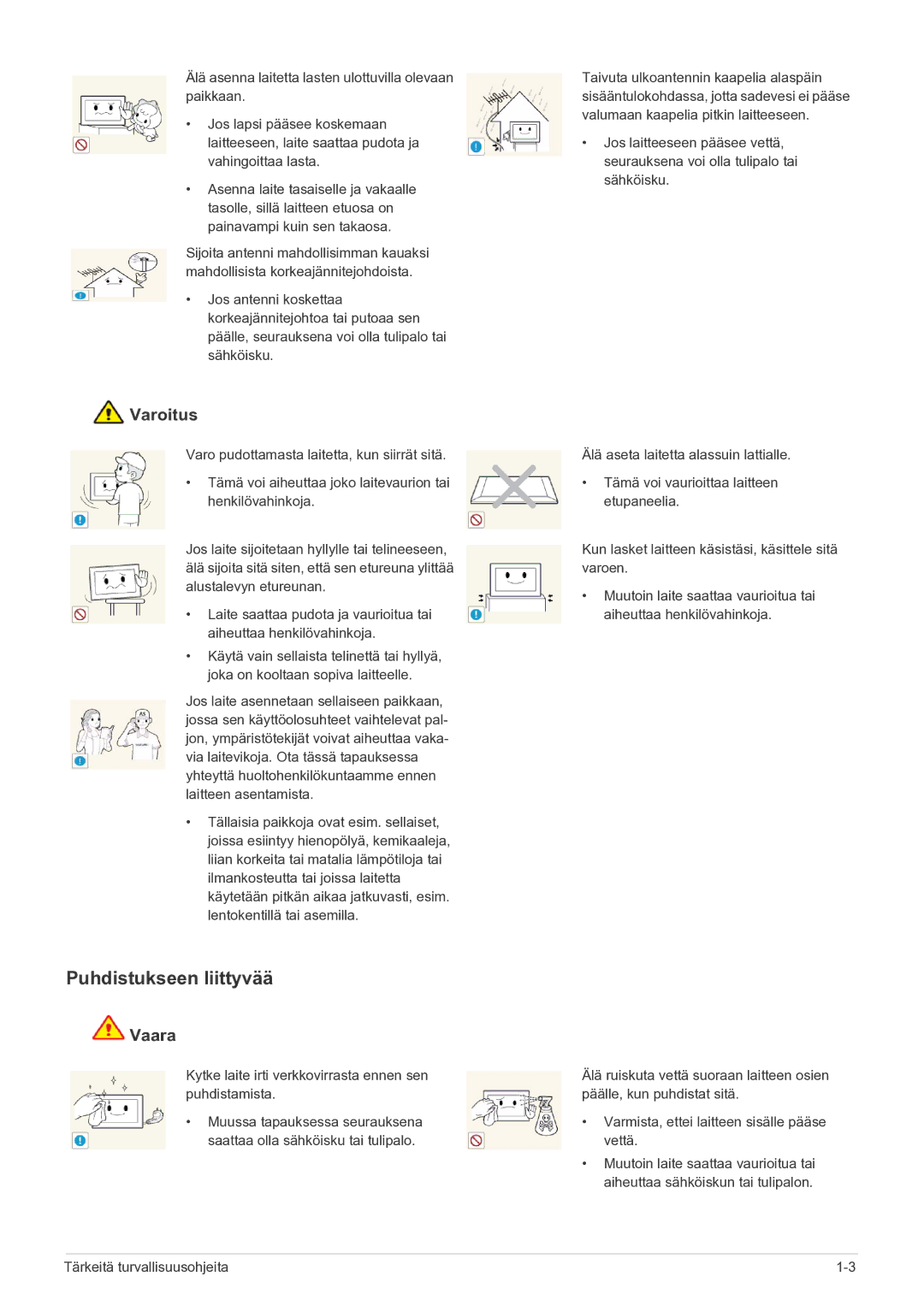 Samsung LS22FMDGF/XE manual Puhdistukseen liittyvää, Kytke laite irti verkkovirrasta ennen sen puhdistamista 