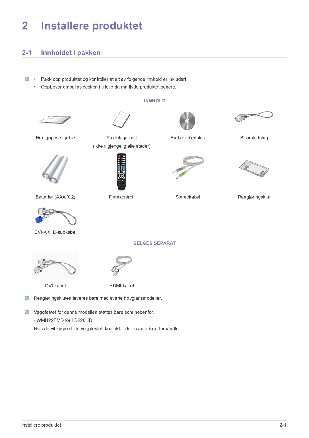 Samsung LS22FMDGF/XE manual Innholdet i pakken, Selges Separat 