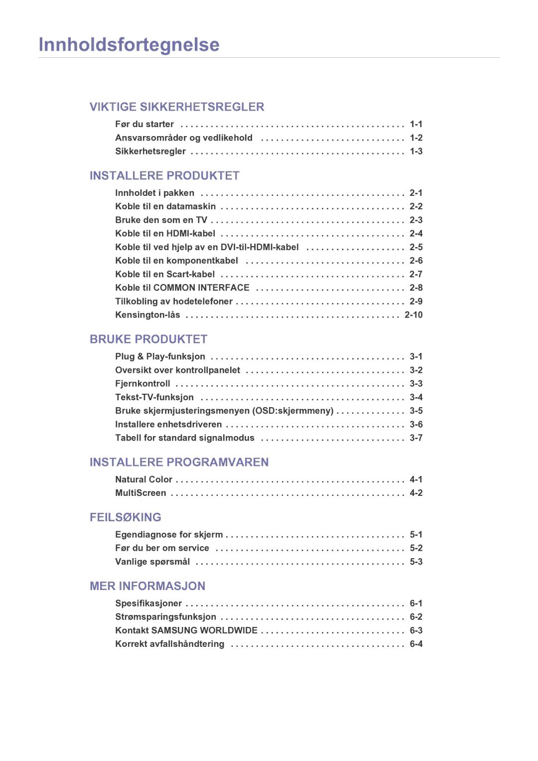 Samsung LS22FMDGF/XE manual Innholdsfortegnelse, Natural Color -1 MultiScreen 