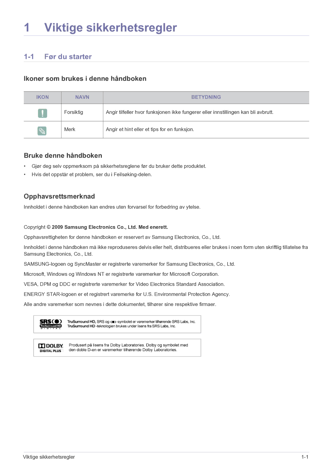 Samsung LS22FMDGF/XE manual Før du starter, Ikoner som brukes i denne håndboken, Bruke denne håndboken, Opphavsrettsmerknad 