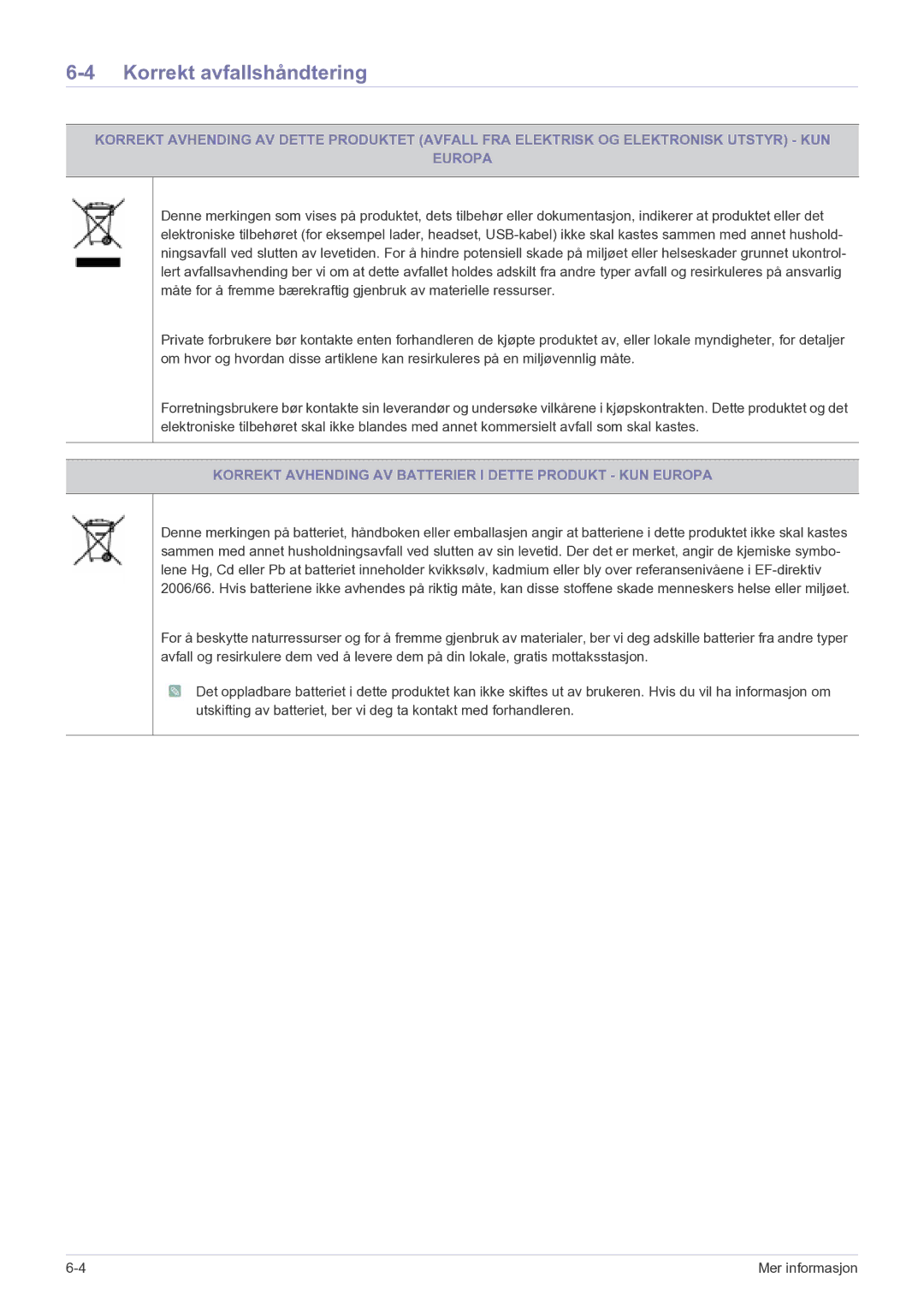 Samsung LS22FMDGF/XE manual Korrekt avfallshåndtering, Korrekt Avhending AV Batterier I Dette Produkt KUN Europa 