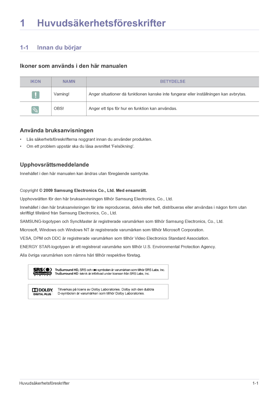 Samsung LS22FMDGF/XE Innan du börjar, Ikoner som används i den här manualen, Använda bruksanvisningen, Ikon Namn Betydelse 