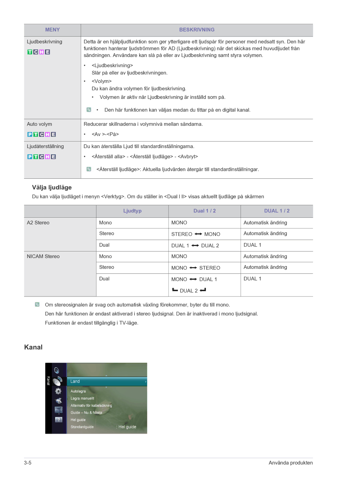 Samsung LS22FMDGF/XE manual Kanal, Välja ljudläge 