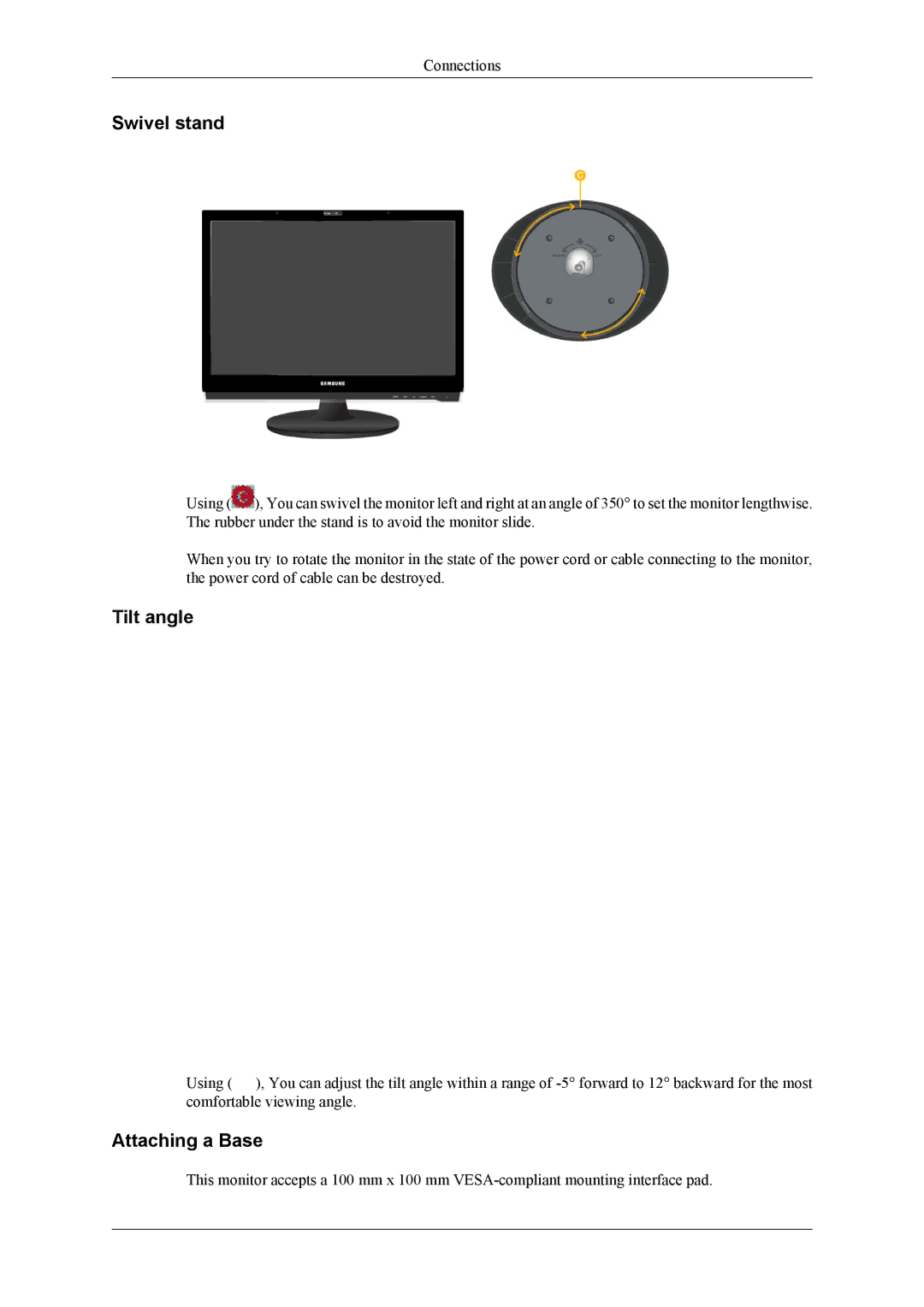 Samsung LS22LDPJFV/EN, LS22LDPJF2/CI manual Swivel stand, Tilt angle, Attaching a Base 